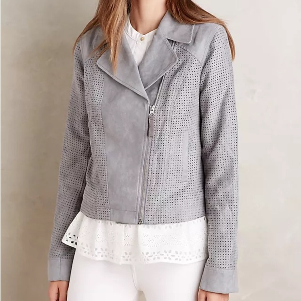 Anthropologie Hei Hei Vegan Faux Suede Gray Zip Moto Biker Jacket Womens Size XS